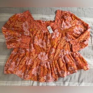 American Eagle Orange Floral Oversized Square Neck Peasant Blouse Size XL NWT